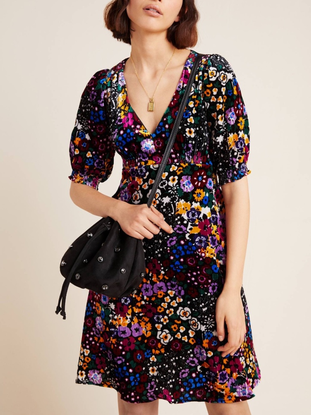 NWT Anthropologie Francie Mini Dress in Black Floral Motif Size 8